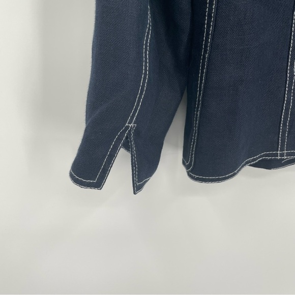 Talbots Jacket Womens Size 6 Navy Blue Linen Blazer Two Button White Stitch - Picture 5 of 7